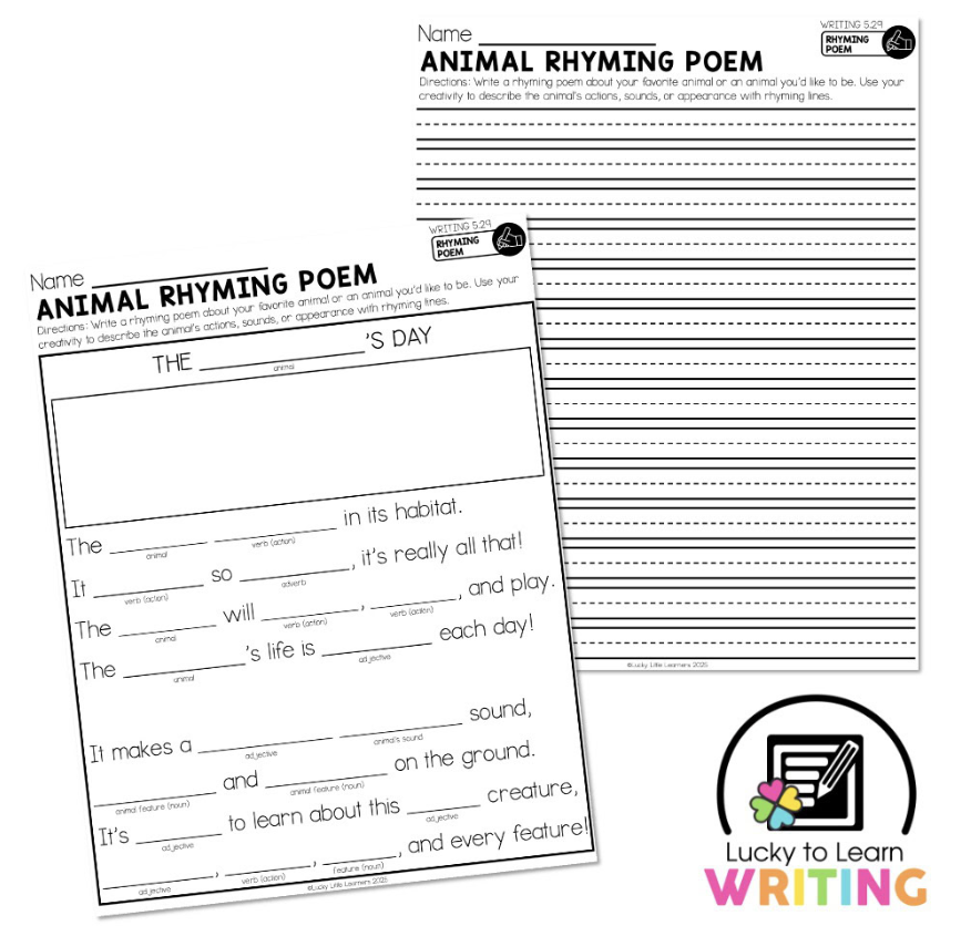 Animal rhyming poem writing template for 2nd grade students, providing structured lines to write a rhyming poem about a favorite animal or an animal they want to learn about.